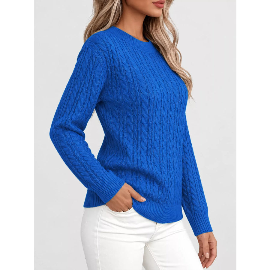 Full Size Cable Knit Round Neck Sweater Plus Apparel and Accessories