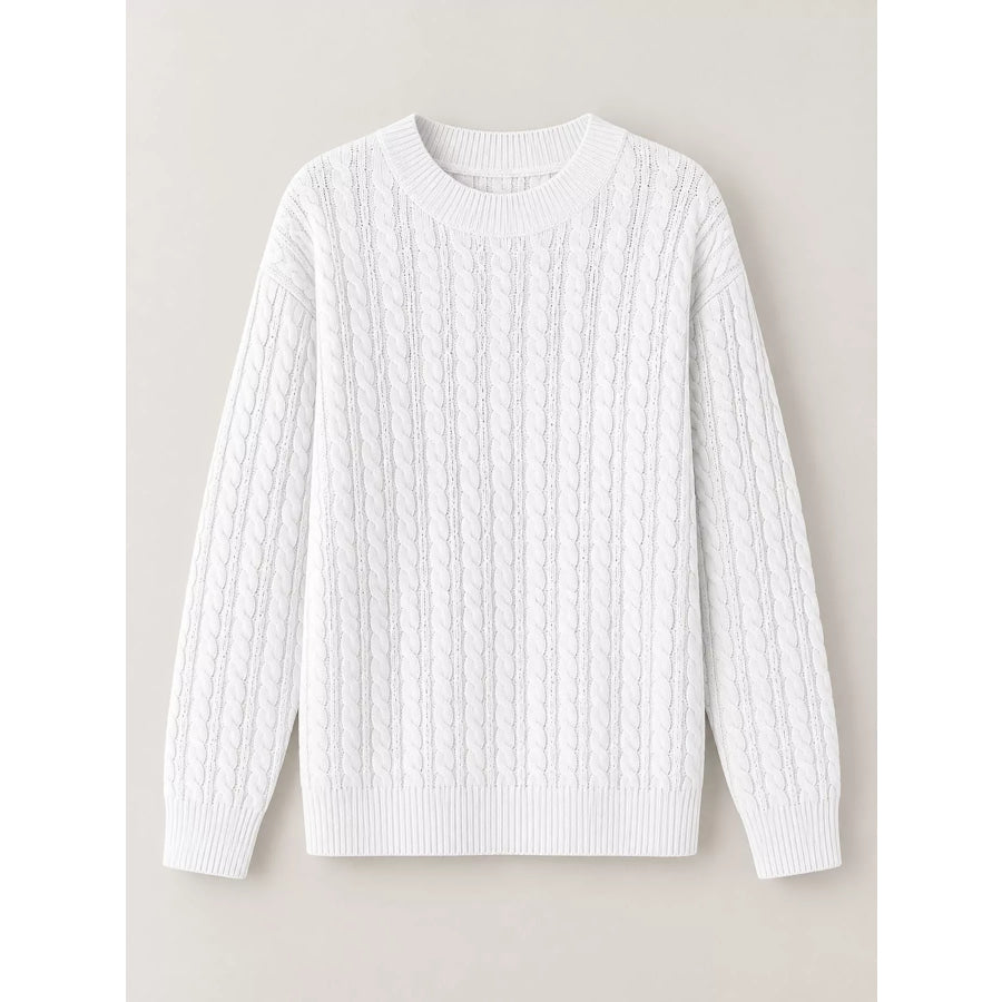 Full Size Cable Knit Round Neck Sweater Plus Apparel and Accessories