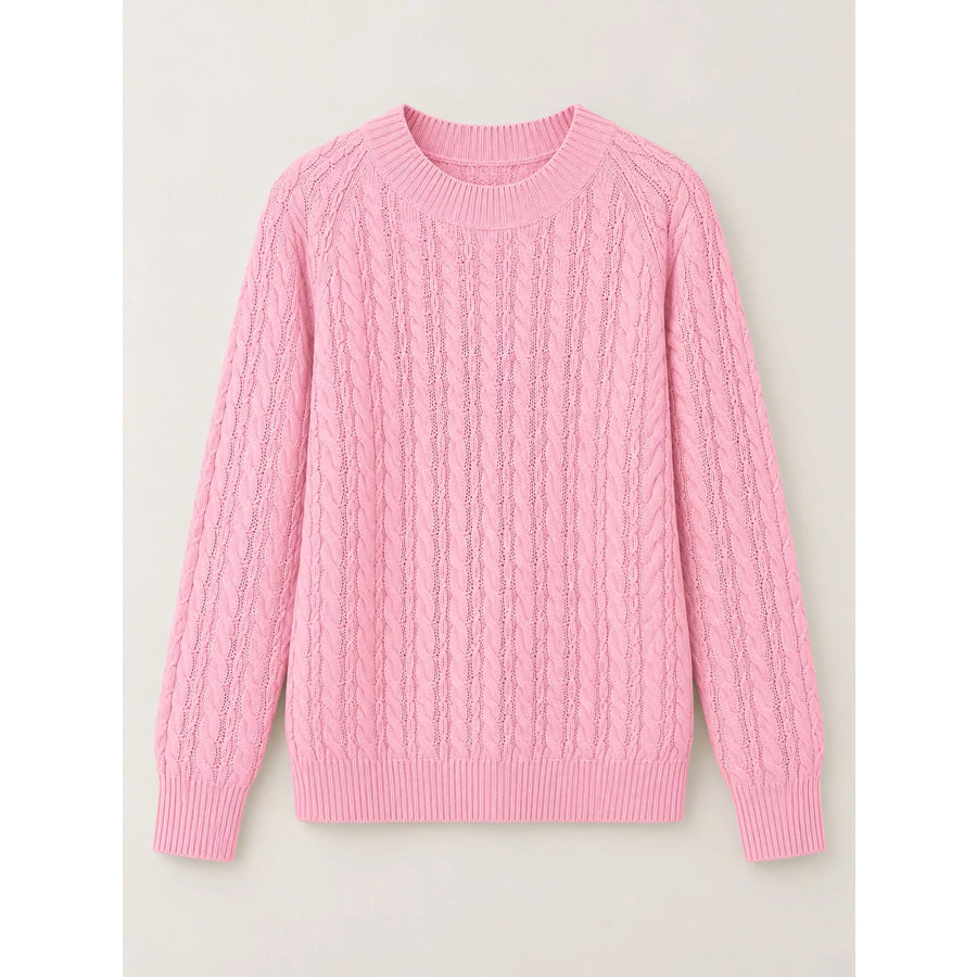 Full Size Cable Knit Round Neck Sweater Plus Apparel and Accessories
