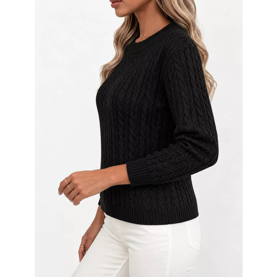 Full Size Cable Knit Round Neck Sweater Plus Apparel and Accessories