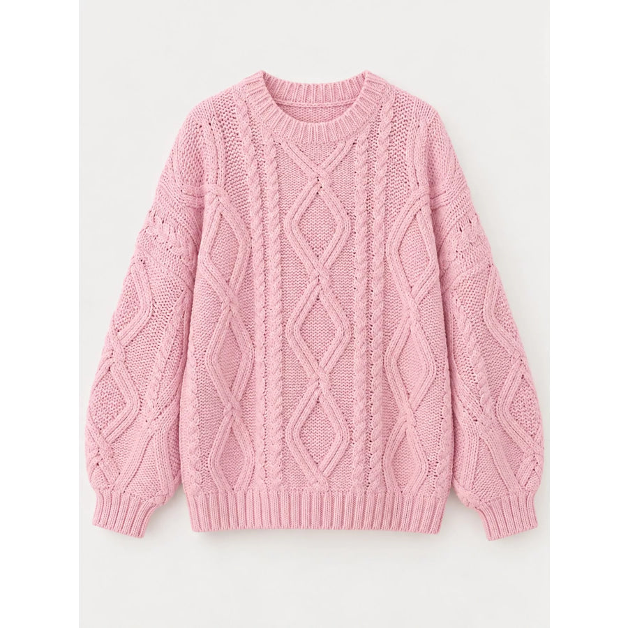 Full Size Cable-Knit Round Neck Sweater Plus Apparel and Accessories