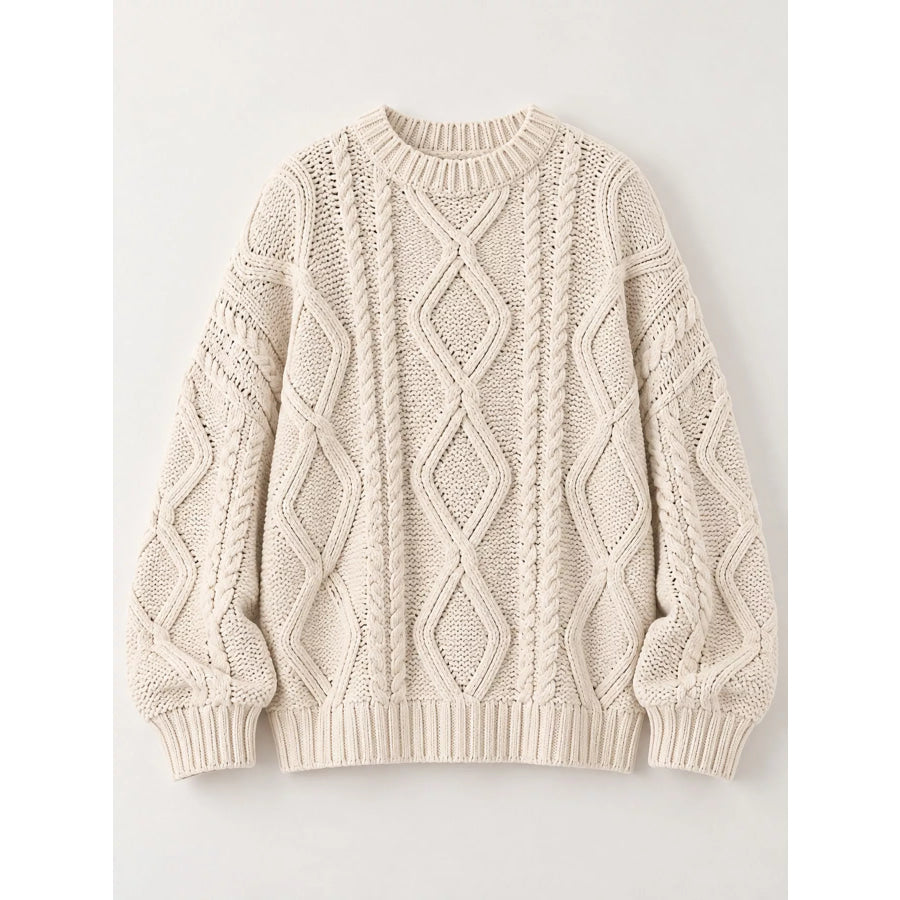 Full Size Cable-Knit Round Neck Sweater Plus Apparel and Accessories