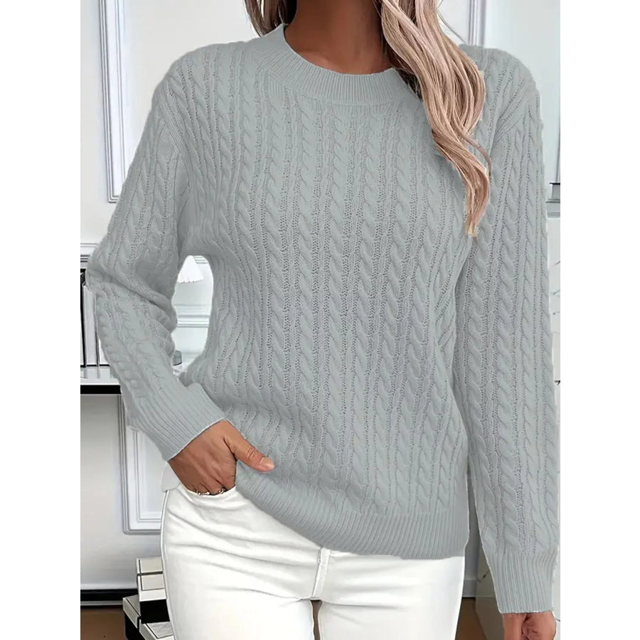 Full Size Cable Knit Round Neck Sweater Plus Apparel and Accessories