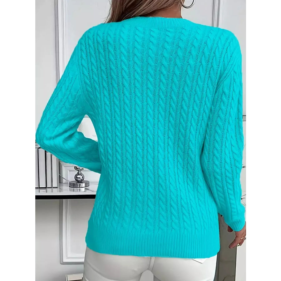Full Size Cable Knit Round Neck Sweater Plus Apparel and Accessories