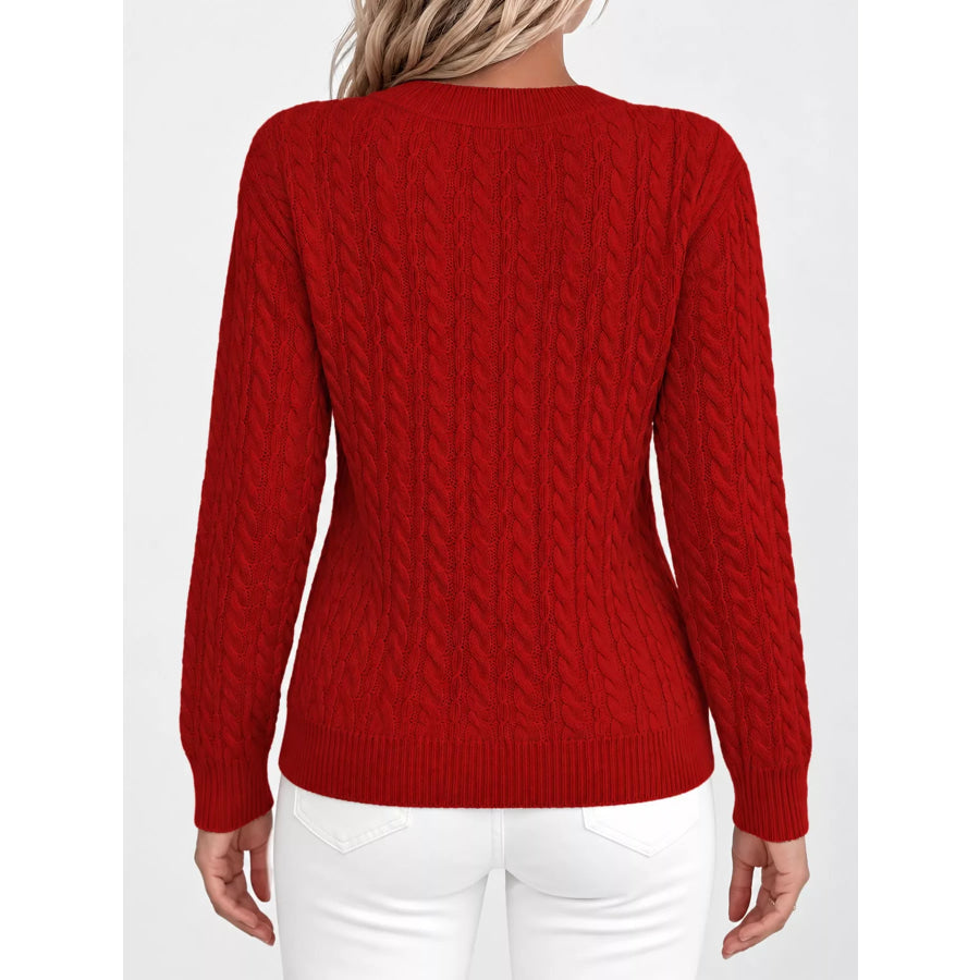 Full Size Cable Knit Round Neck Sweater Plus Apparel and Accessories