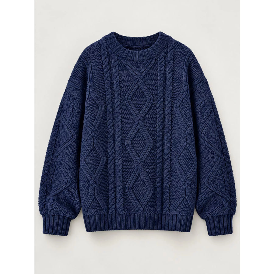 Full Size Cable-Knit Round Neck Sweater Plus Apparel and Accessories