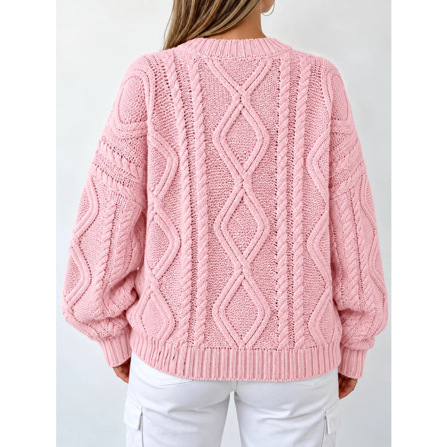 Full Size Cable-Knit Round Neck Sweater Plus Apparel and Accessories