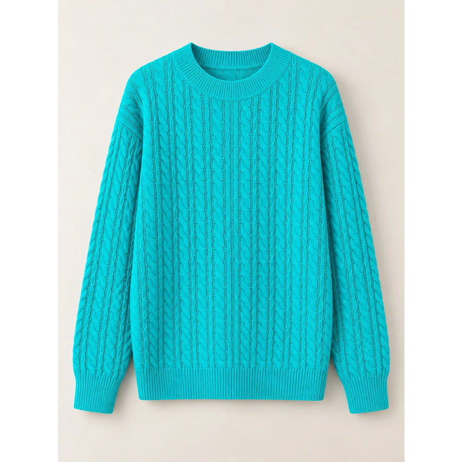 Full Size Cable Knit Round Neck Sweater Plus Apparel and Accessories