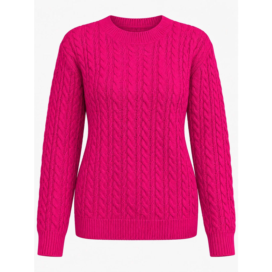 Full Size Cable Knit Round Neck Sweater Plus Apparel and Accessories