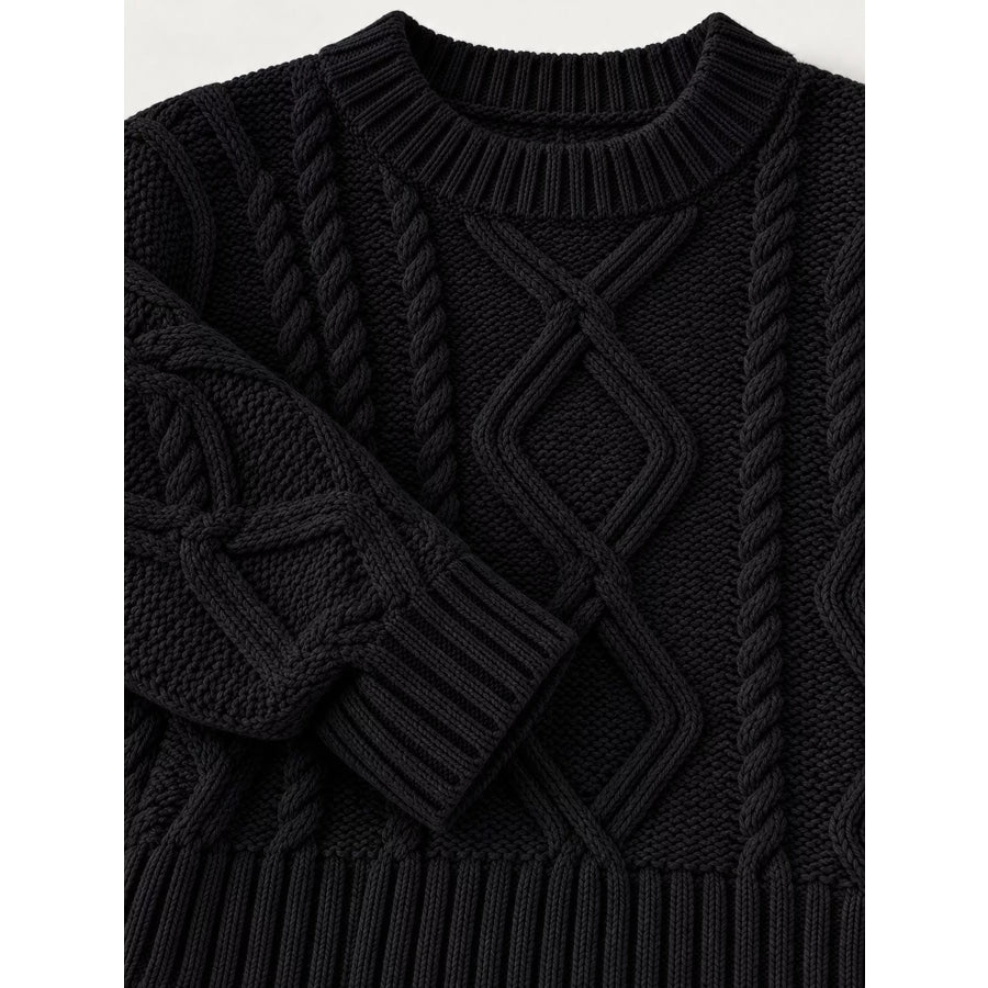 Full Size Cable-Knit Round Neck Sweater Plus Apparel and Accessories