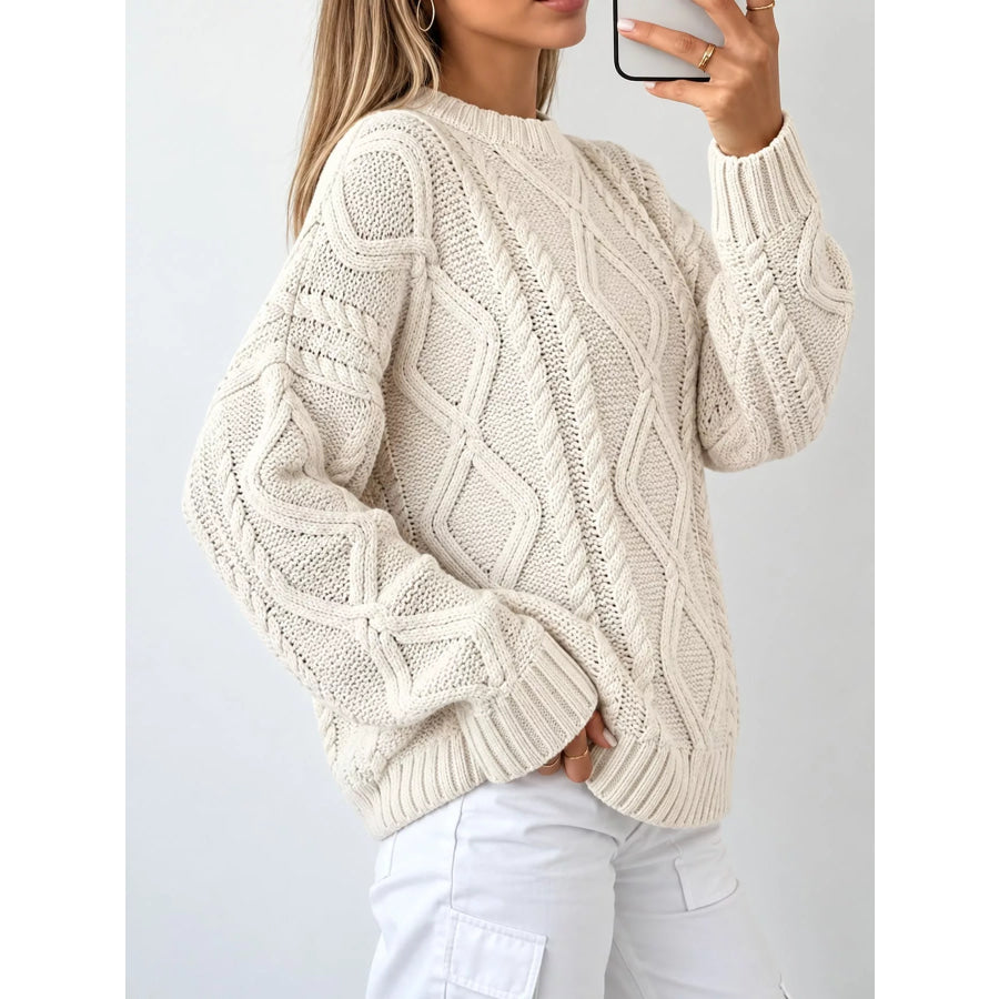 Full Size Cable-Knit Round Neck Sweater Plus Apparel and Accessories