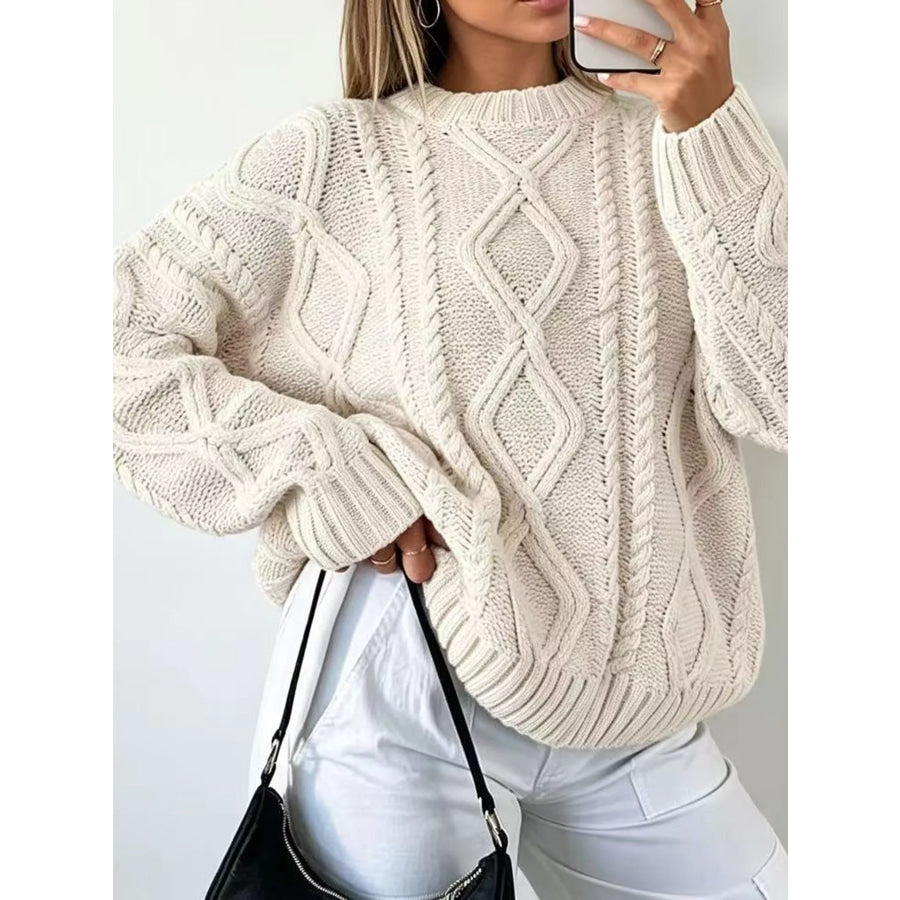 Full Size Cable-Knit Round Neck Sweater Plus Apricot / S Apparel and Accessories