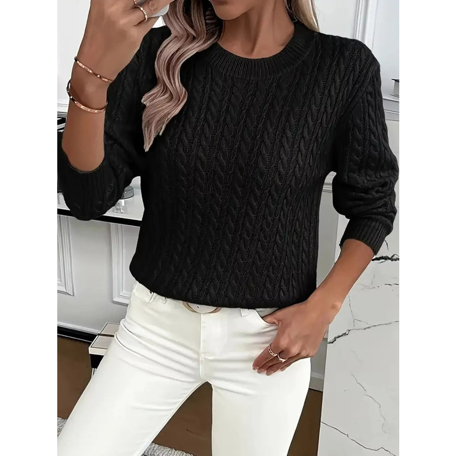 Full Size Cable Knit Round Neck Sweater Plus Black / S Apparel and Accessories