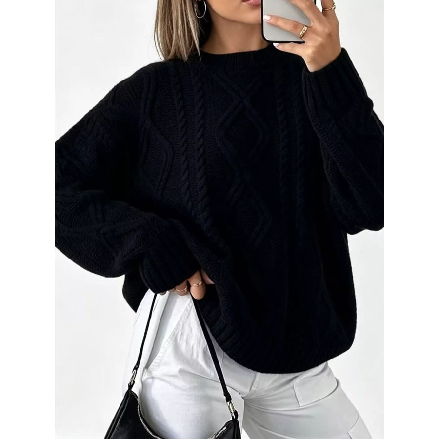 Full Size Cable-Knit Round Neck Sweater Plus Black / S Apparel and Accessories