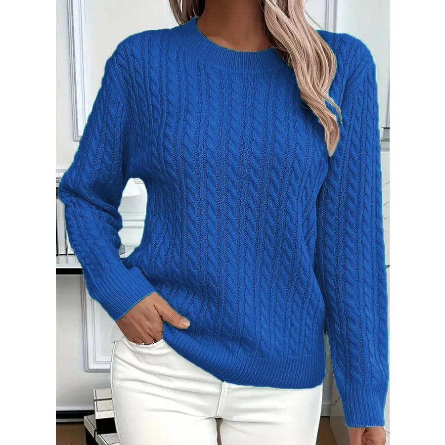 Full Size Cable Knit Round Neck Sweater Plus Blue / S Apparel and Accessories