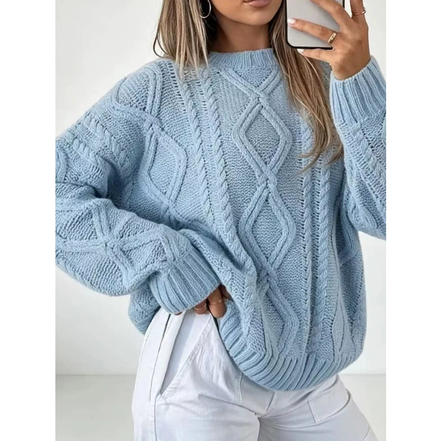 Full Size Cable-Knit Round Neck Sweater Plus Blue / S Apparel and Accessories