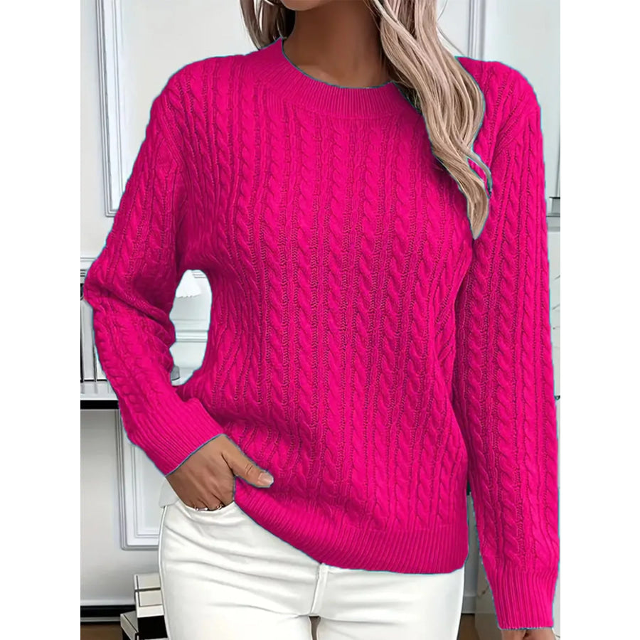 Full Size Cable Knit Round Neck Sweater Plus Dark Pink / S Apparel and Accessories