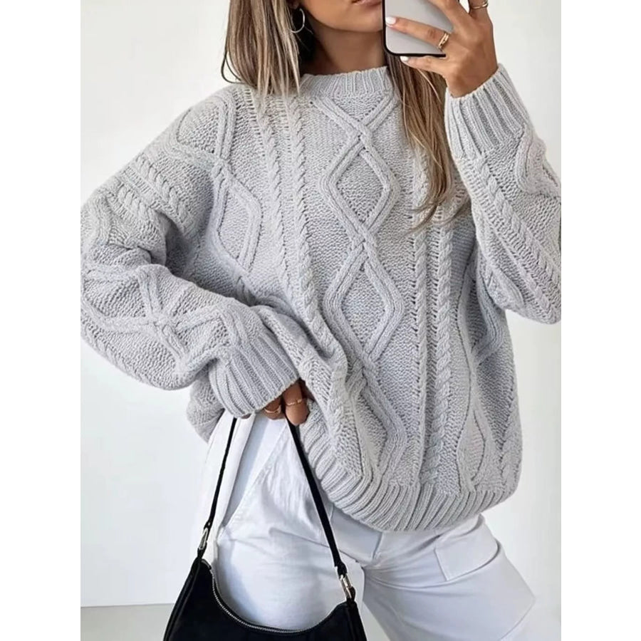 Full Size Cable-Knit Round Neck Sweater Plus Gray / S Apparel and Accessories