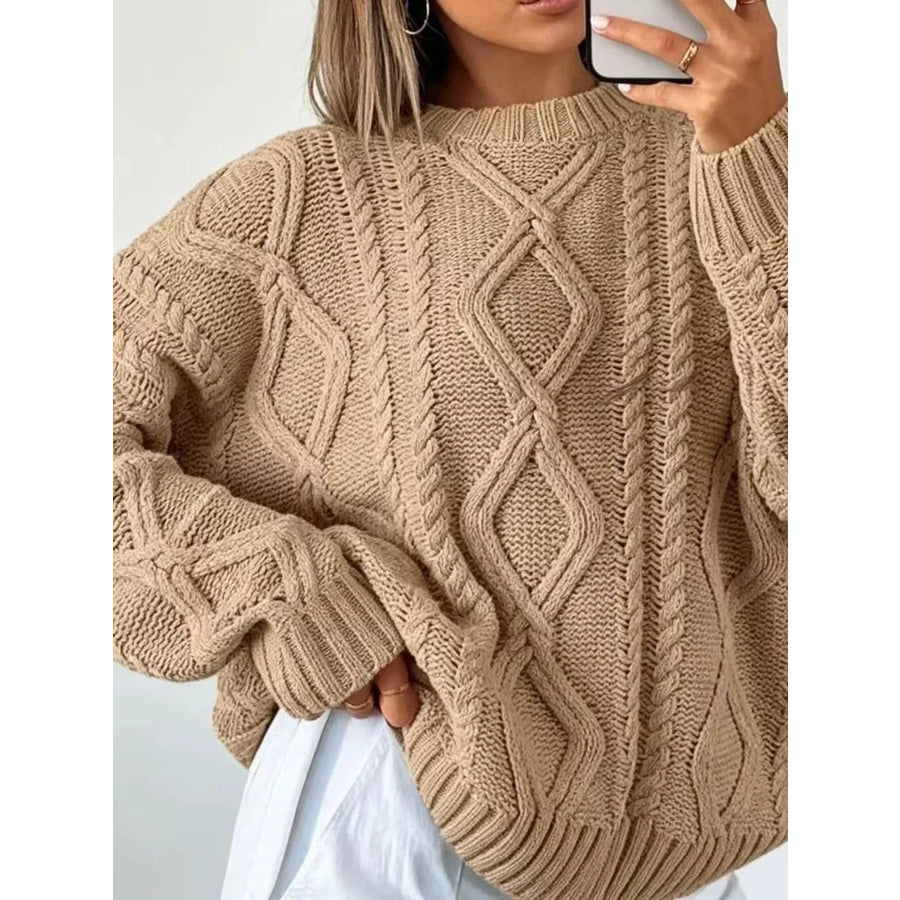 Full Size Cable-Knit Round Neck Sweater Plus Khaki / S Apparel and Accessories
