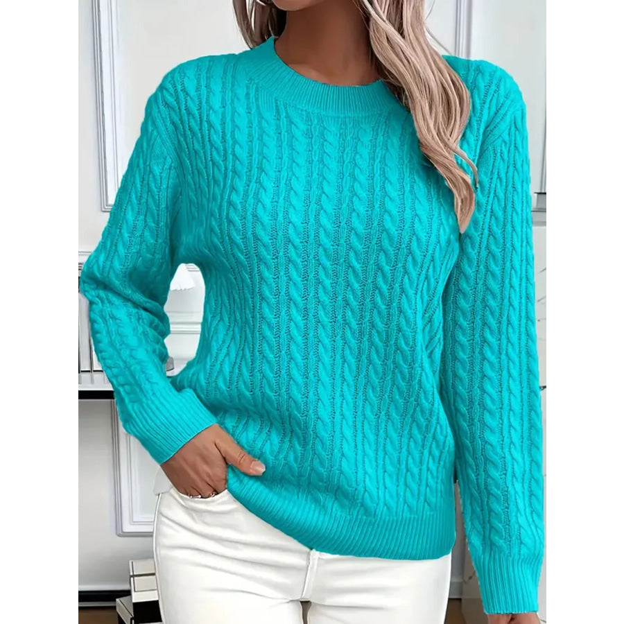 Full Size Cable Knit Round Neck Sweater Plus Lake Blue / S Apparel and Accessories