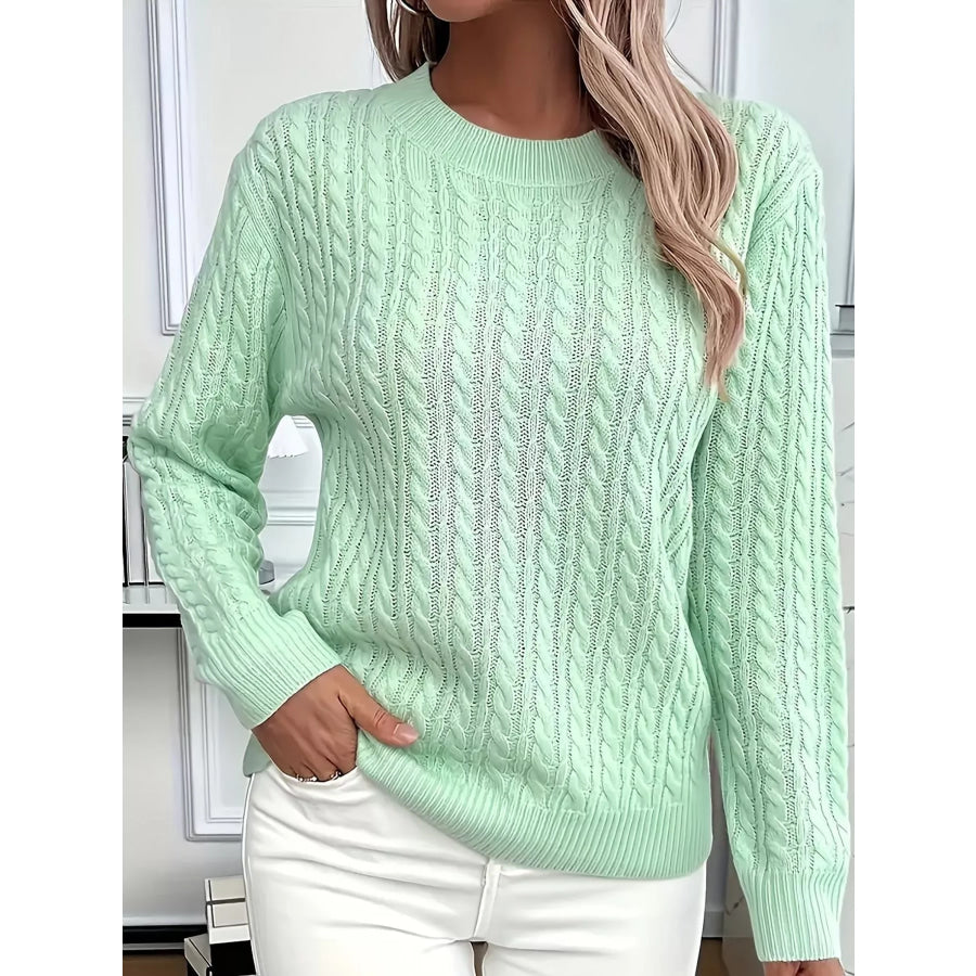 Full Size Cable Knit Round Neck Sweater Plus Light Green / S Apparel and Accessories