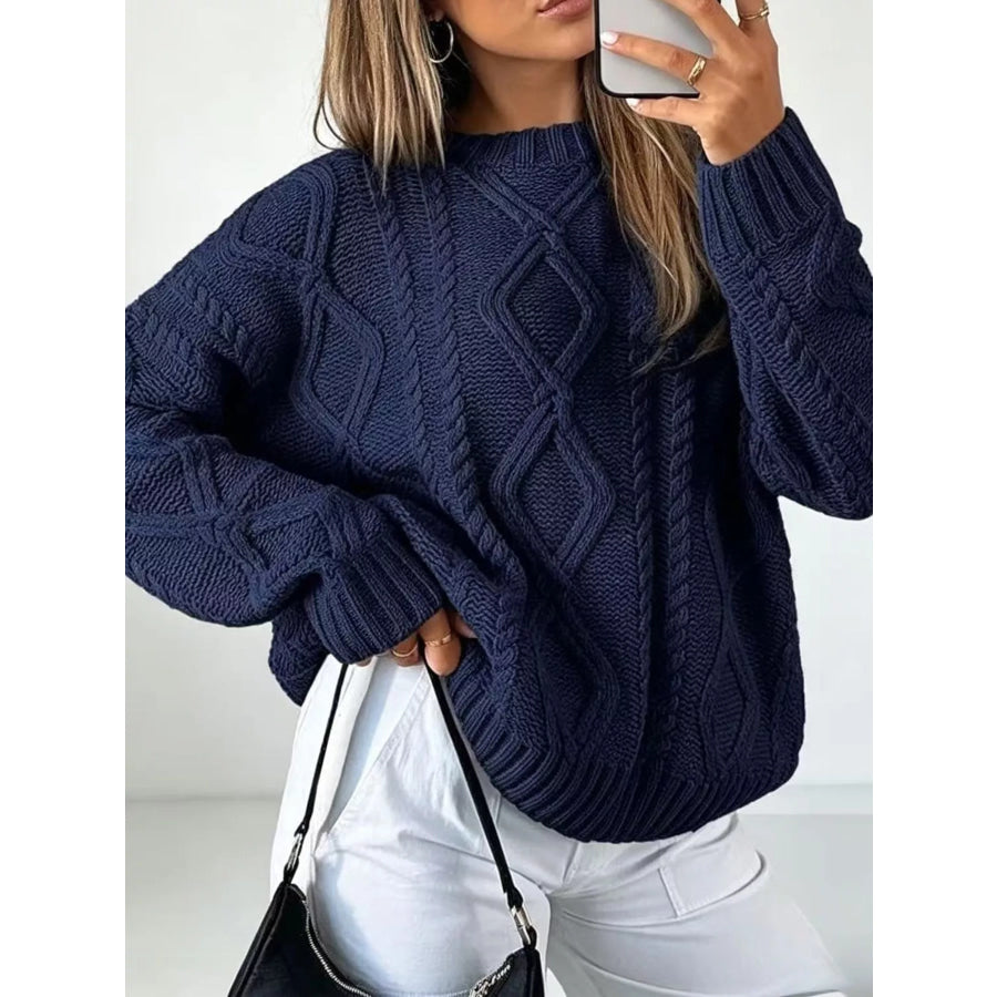 Full Size Cable-Knit Round Neck Sweater Plus Navy / S Apparel and Accessories