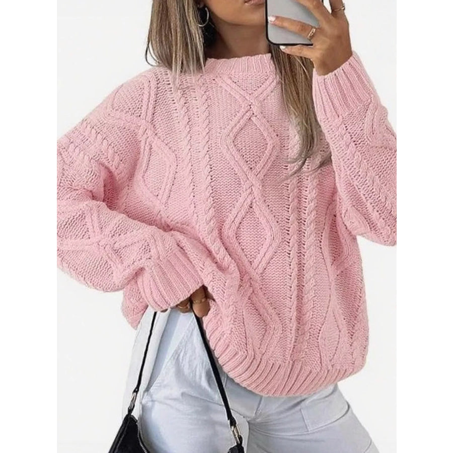 Full Size Cable-Knit Round Neck Sweater Plus Pink / S Apparel and Accessories
