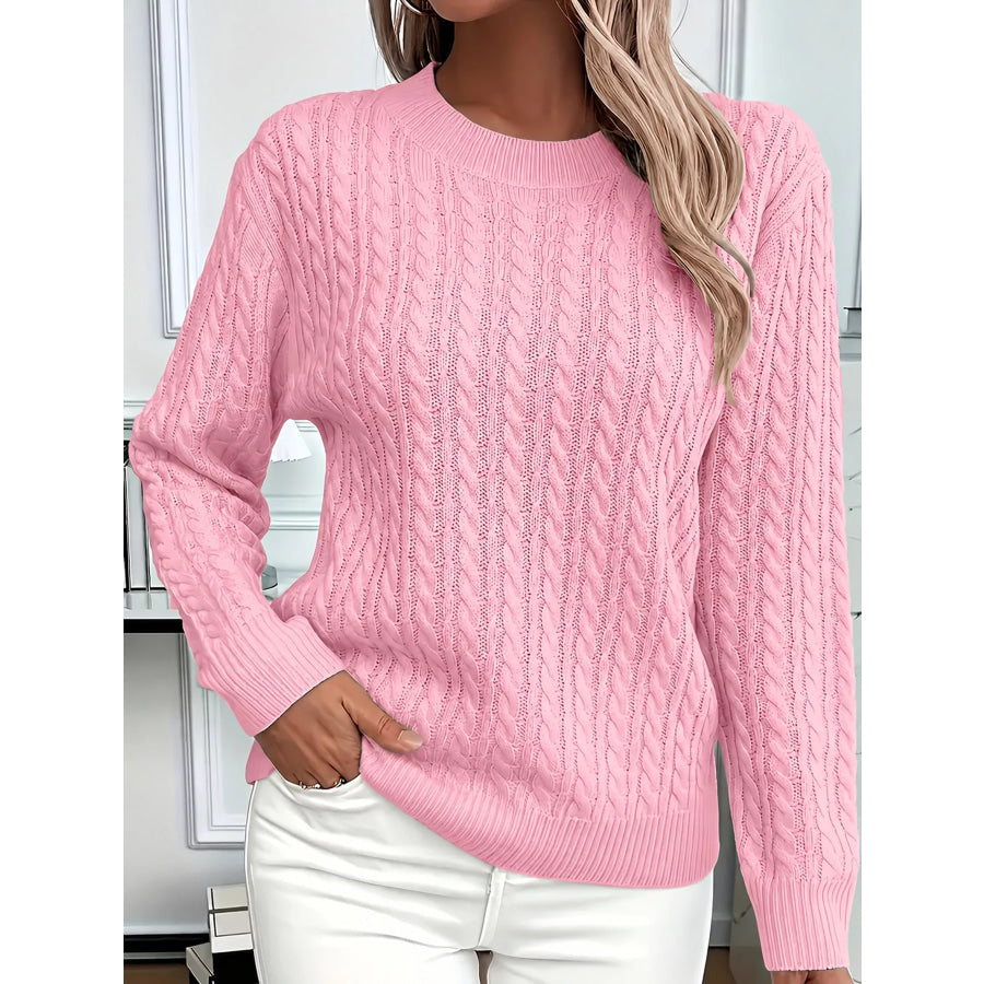 Full Size Cable Knit Round Neck Sweater Plus Pink / S Apparel and Accessories