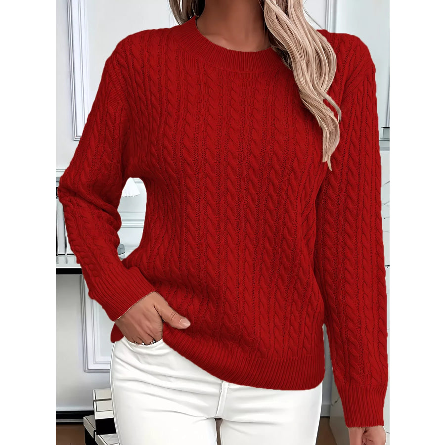 Full Size Cable Knit Round Neck Sweater Plus Red / S Apparel and Accessories