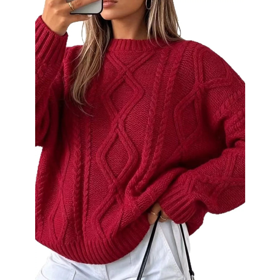 Full Size Cable-Knit Round Neck Sweater Plus Red / S Apparel and Accessories