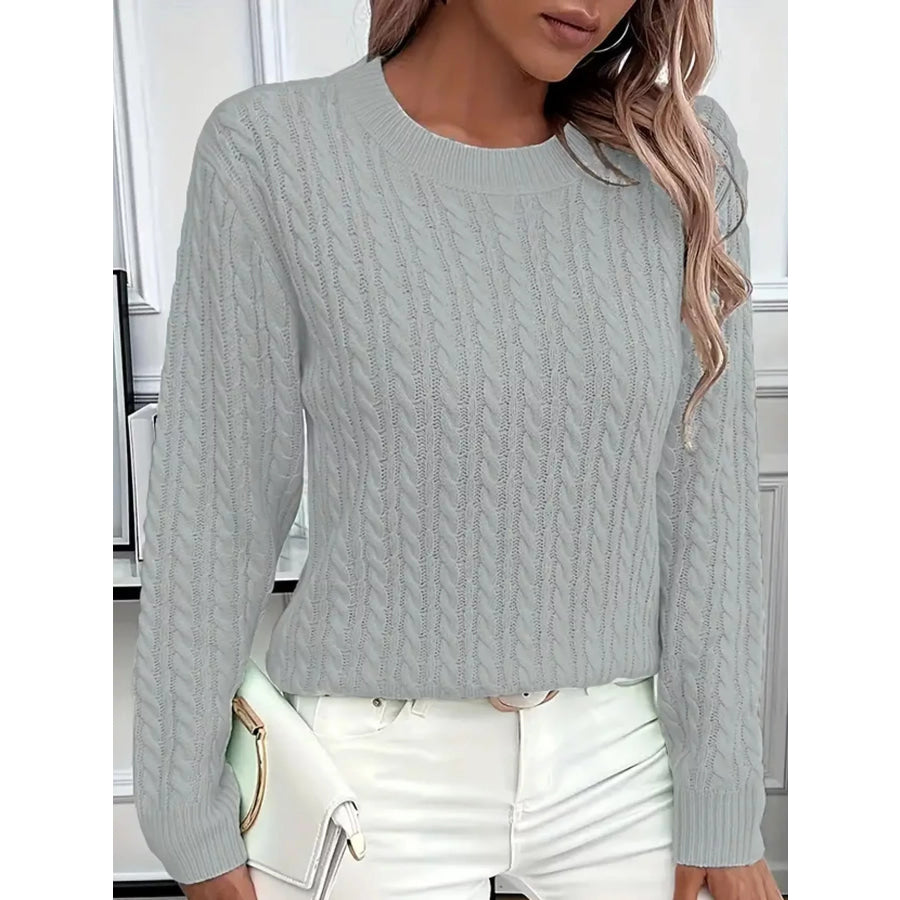 Full Size Cable Knit Round Neck Sweater Plus Silver Gray / S Apparel and Accessories