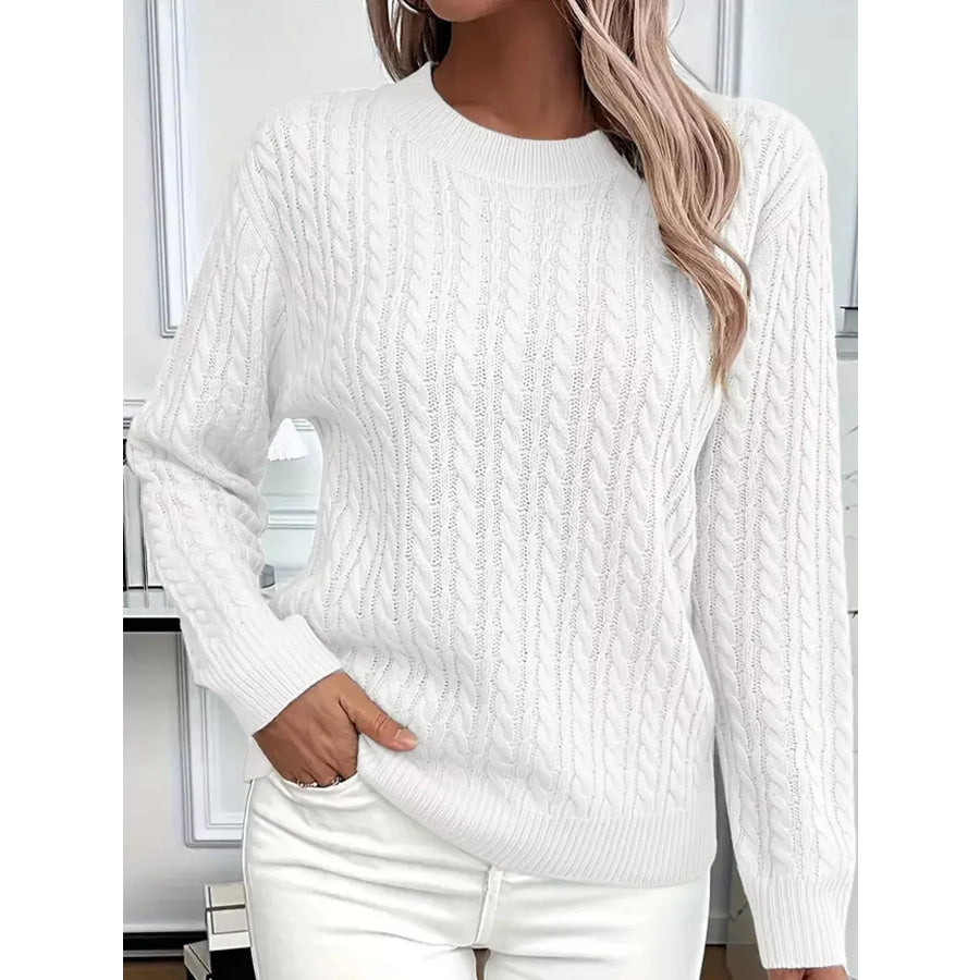 Full Size Cable Knit Round Neck Sweater Plus White / S Apparel and Accessories