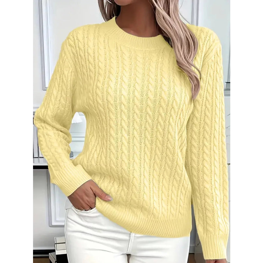 Full Size Cable Knit Round Neck Sweater Plus Yellow / S Apparel and Accessories