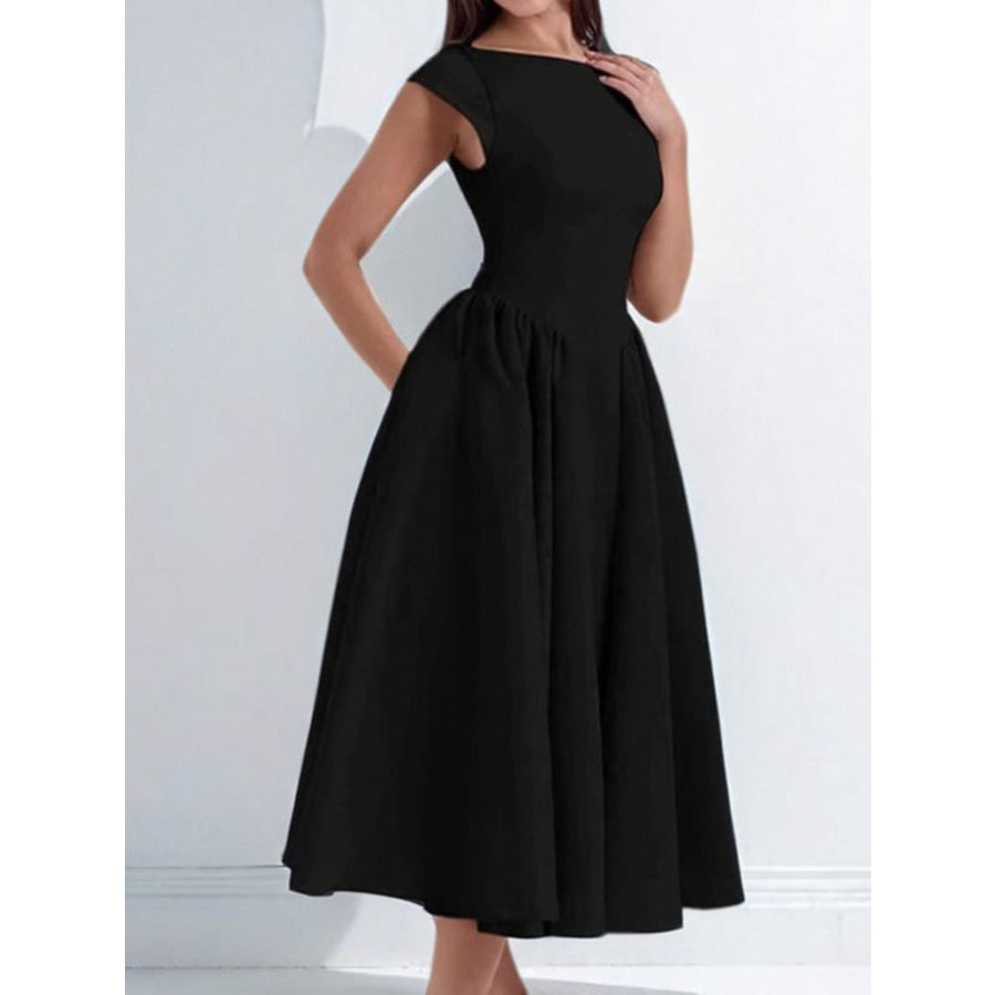 Full Size Cap Sleeve A-Line Midi Dress Plus Size Apparel and Accessories