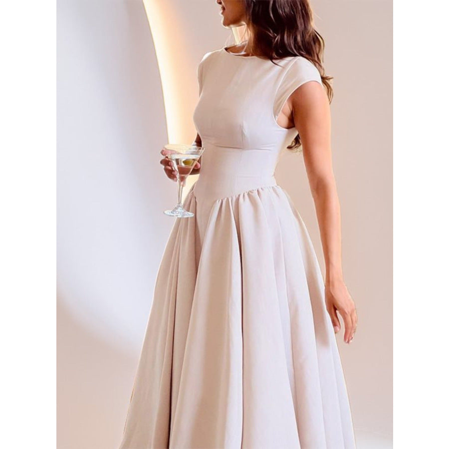 Full Size Cap Sleeve A-Line Midi Dress Plus Size Apparel and Accessories