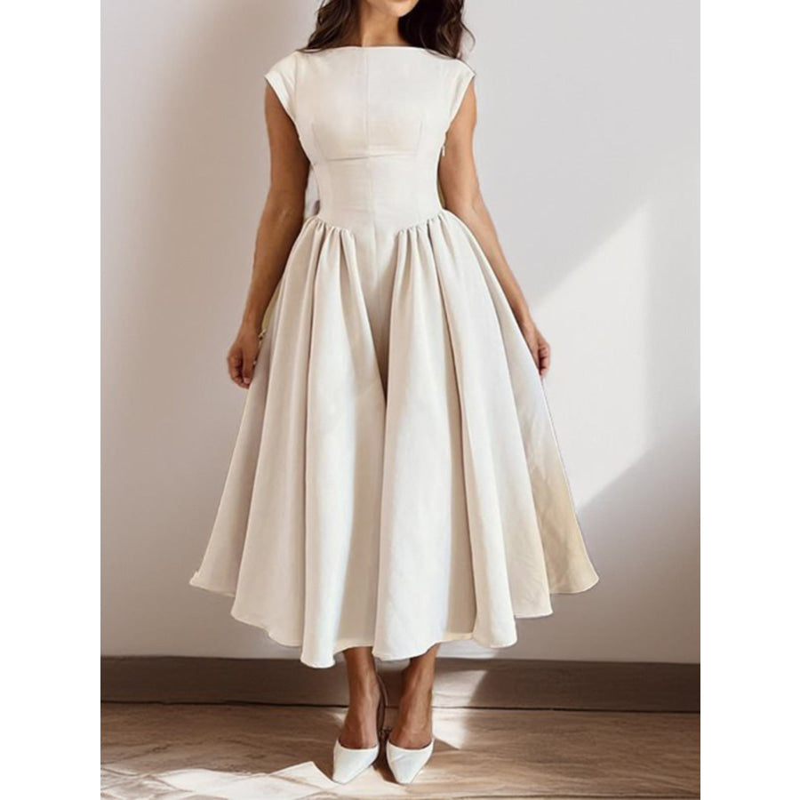 Full Size Cap Sleeve A-Line Midi Dress Plus Size Beige / S Apparel and Accessories