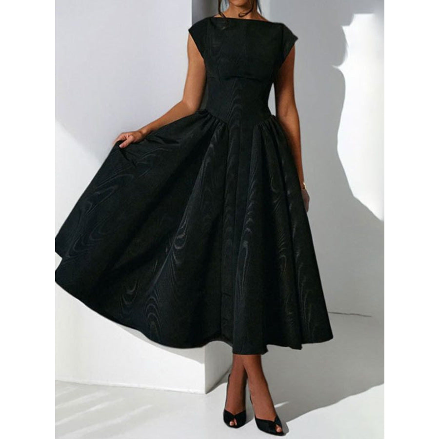 Full Size Cap Sleeve A-Line Midi Dress Plus Size Black / S Apparel and Accessories