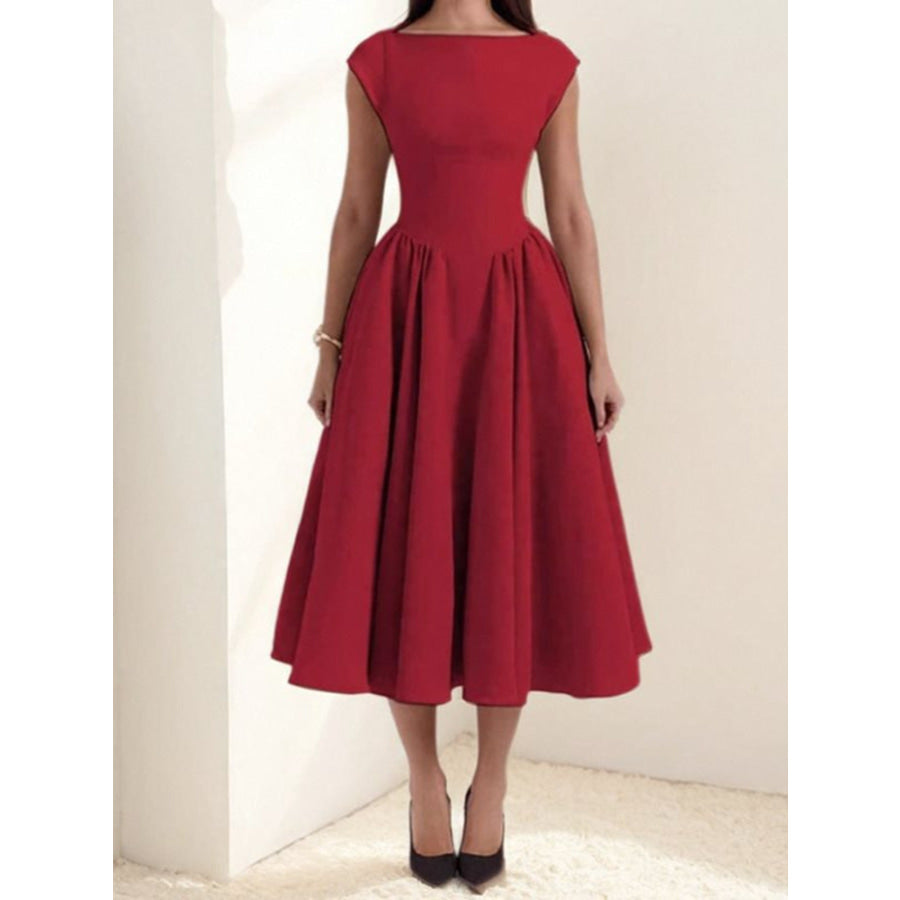 Full Size Cap Sleeve A-Line Midi Dress Plus Size Deep Red / S Apparel and Accessories