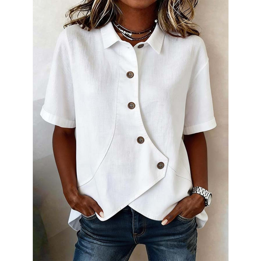 Full Size Casual Asymmetrical Button Shirt Plus Size White / S Apparel and Accessories