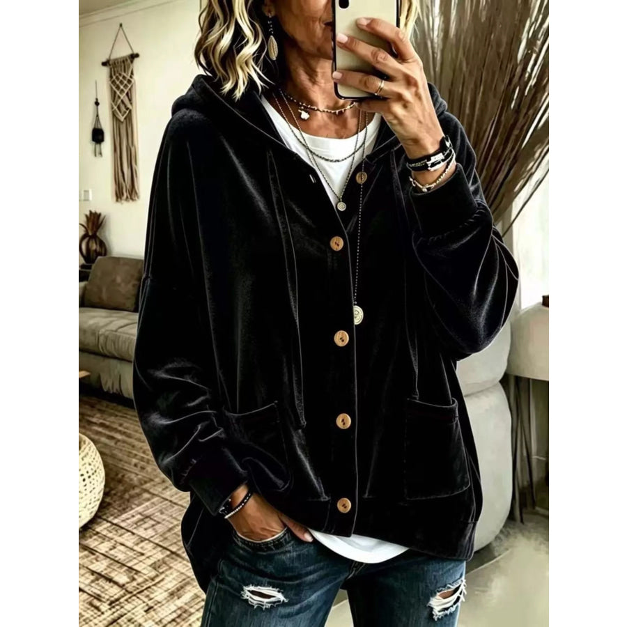 Full Size Casual Button-Down Hooded Outerwear Plus Size Black / S Apparel and Accessories