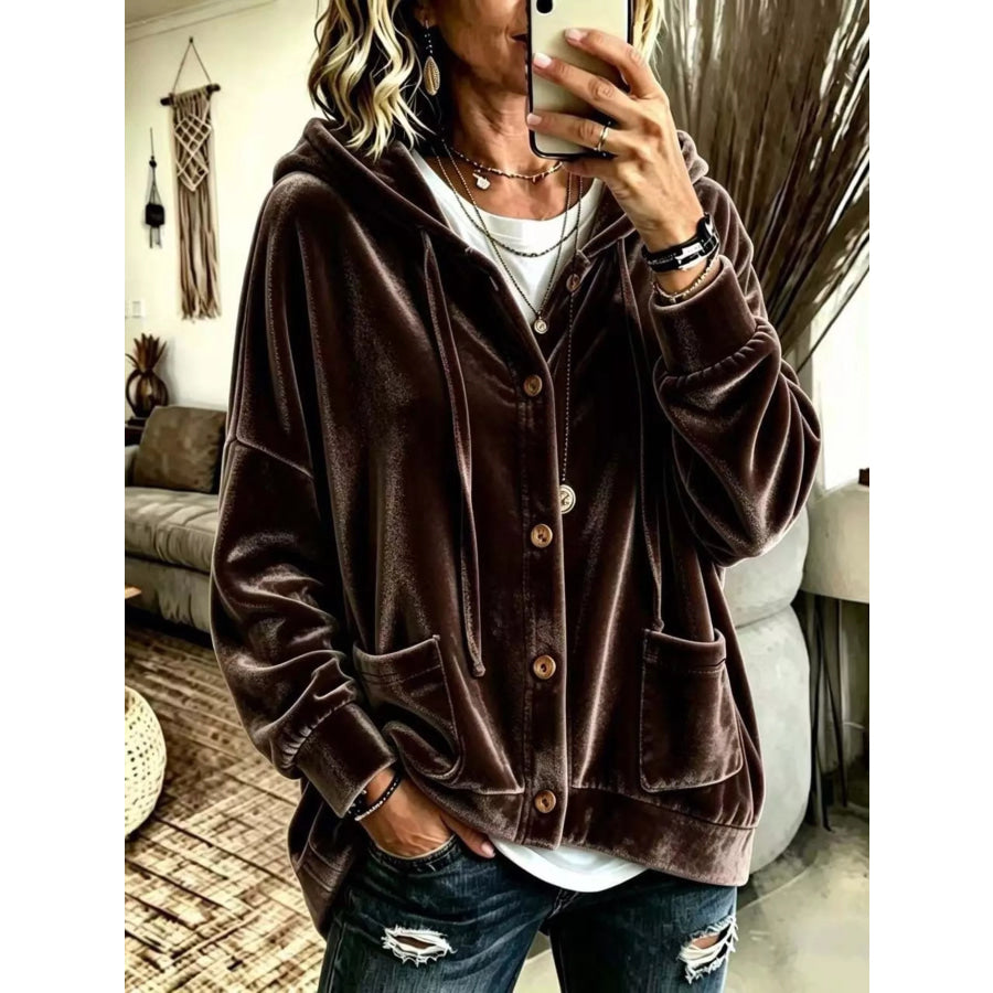 Full Size Casual Button-Down Hooded Outerwear Plus Size Brown / S Apparel and Accessories