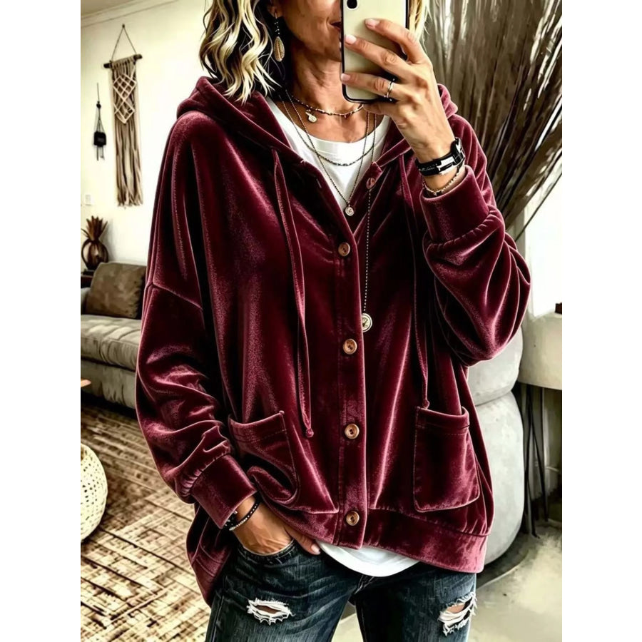 Full Size Casual Button-Down Hooded Outerwear Plus Size Burgundy / S Apparel and Accessories