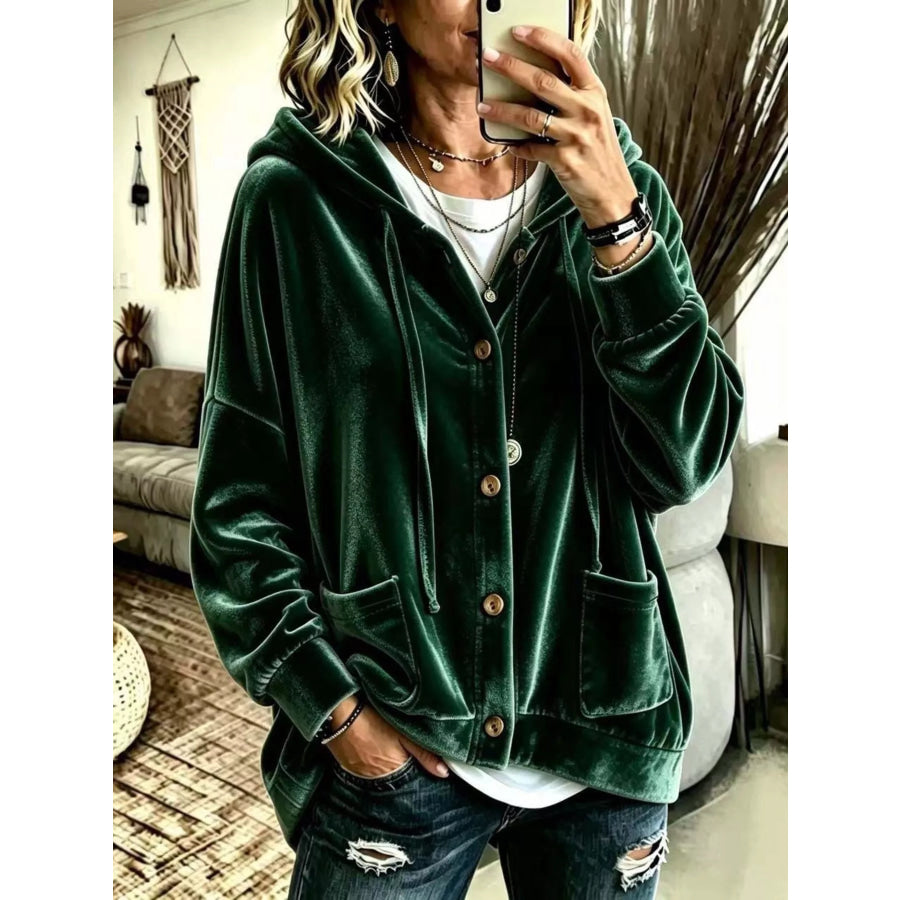 Full Size Casual Button-Down Hooded Outerwear Plus Size Dark Green / S Apparel and Accessories