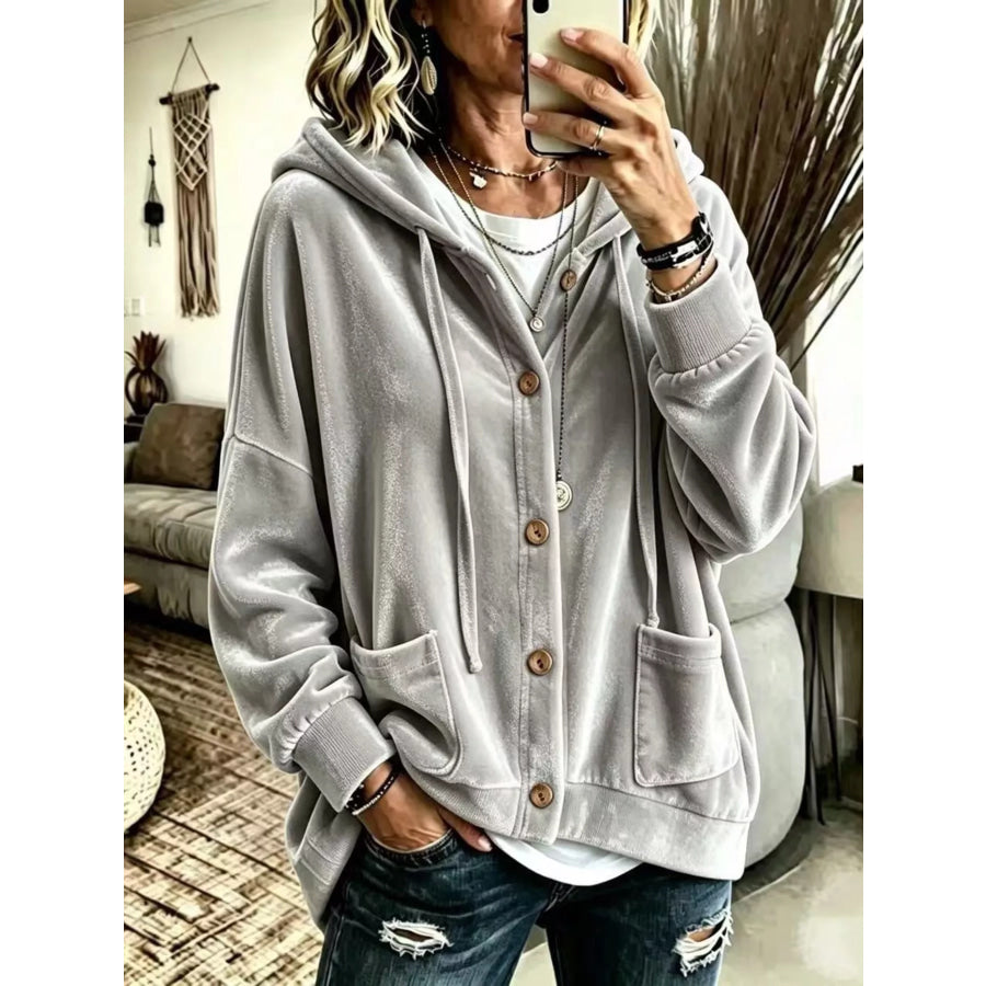 Full Size Casual Button-Down Hooded Outerwear Plus Size Gray / S Apparel and Accessories