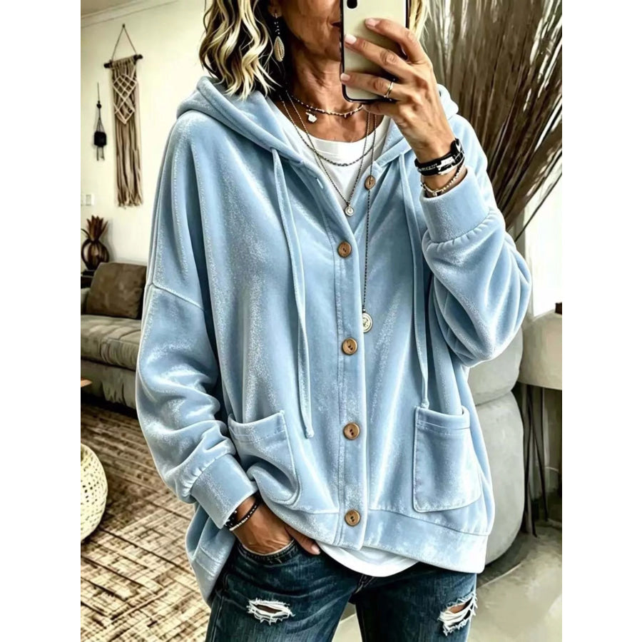 Full Size Casual Button-Down Hooded Outerwear Plus Size Light Blue / S Apparel and Accessories