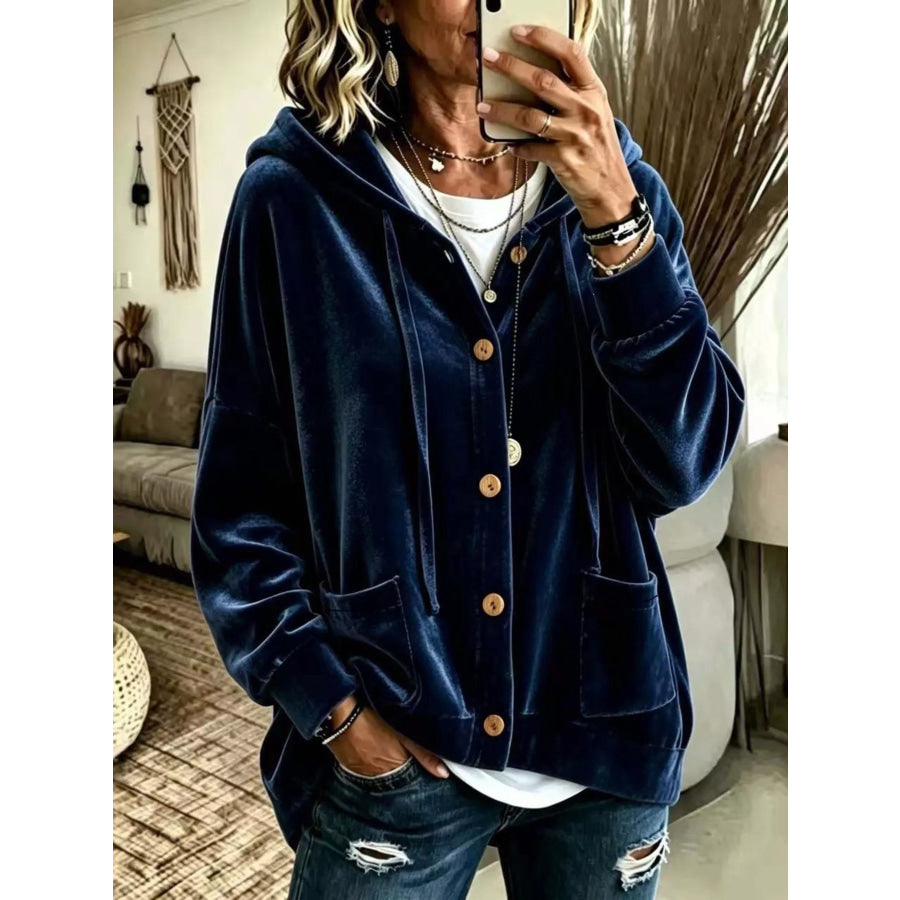 Full Size Casual Button-Down Hooded Outerwear Plus Size Navy / S Apparel and Accessories