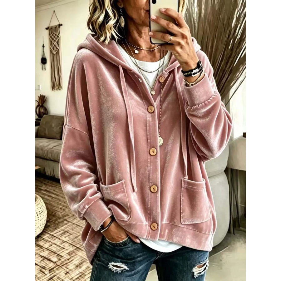 Full Size Casual Button-Down Hooded Outerwear Plus Size Pink / S Apparel and Accessories
