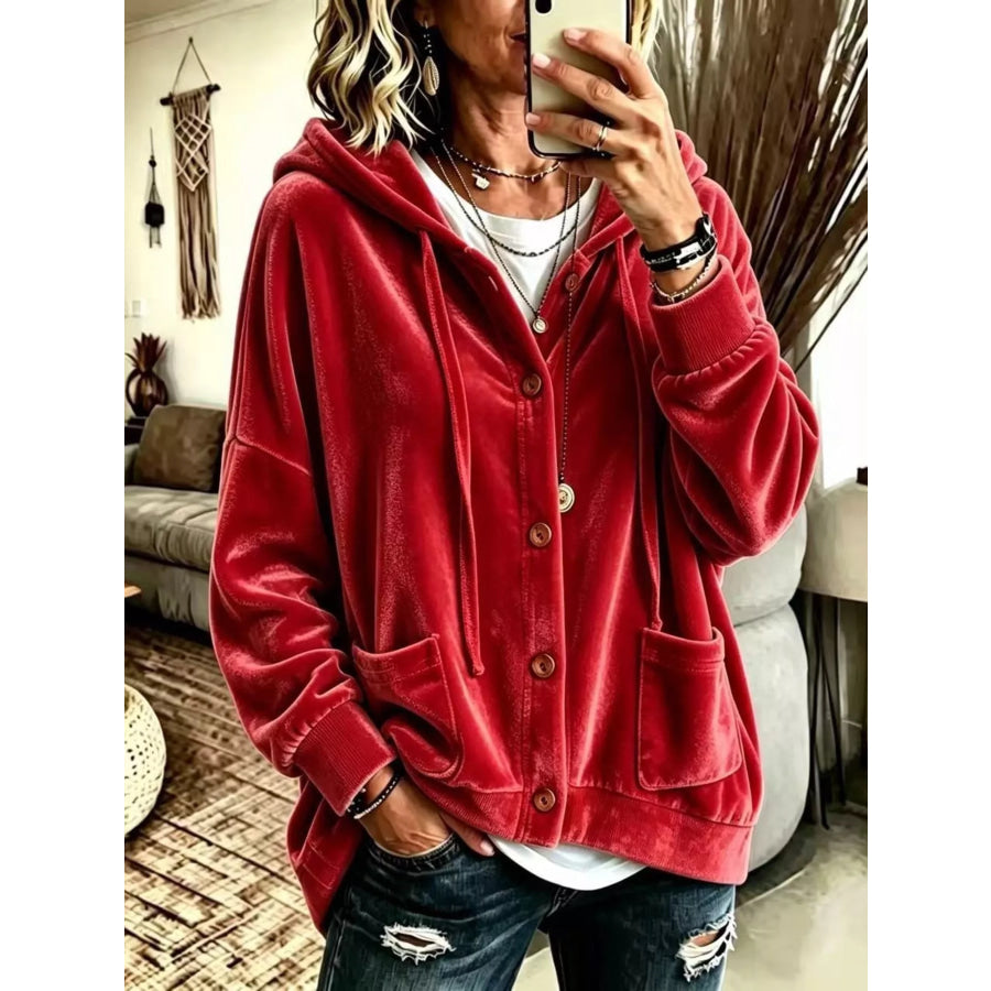 Full Size Casual Button-Down Hooded Outerwear Plus Size Red / S Apparel and Accessories