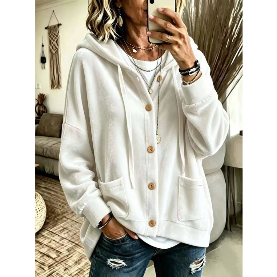 Full Size Casual Button-Down Hooded Outerwear Plus Size White / S Apparel and Accessories
