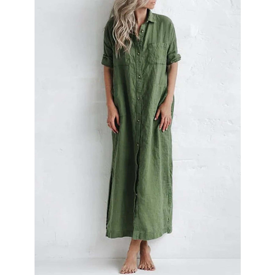 Full Size Casual Button-Down Maxi Shirt Dress Plus Size Green / S Apparel and Accessories